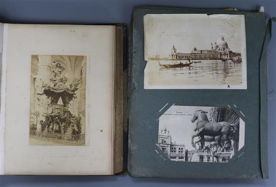 An album of late 19th century photographs of mostly European Towns together with a postcard album of mostly Venice